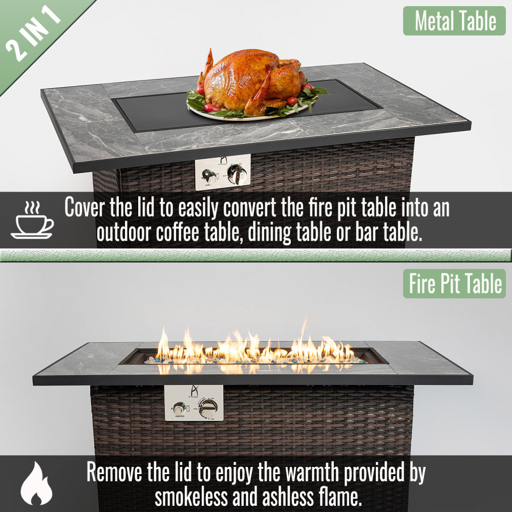Wicker Fire Table with Marble Top