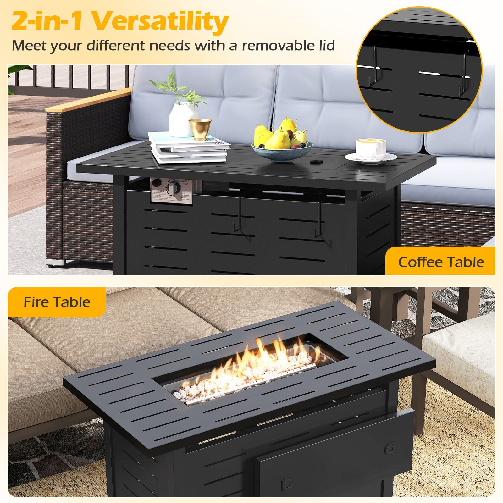 Fire Pit Rectangle Gas Fire Table with Lava Rocks