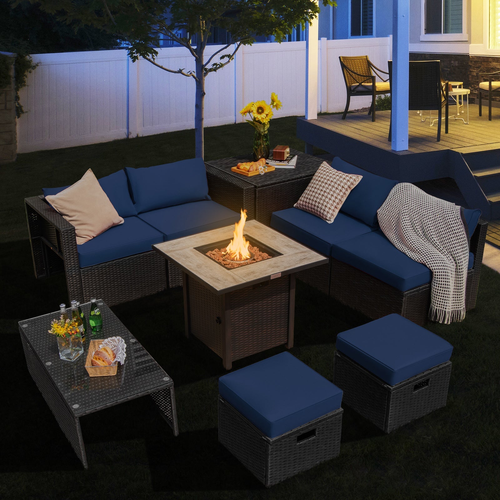 Wicker Sectional Sofa with 42 Inch Gas Fire Pit Table