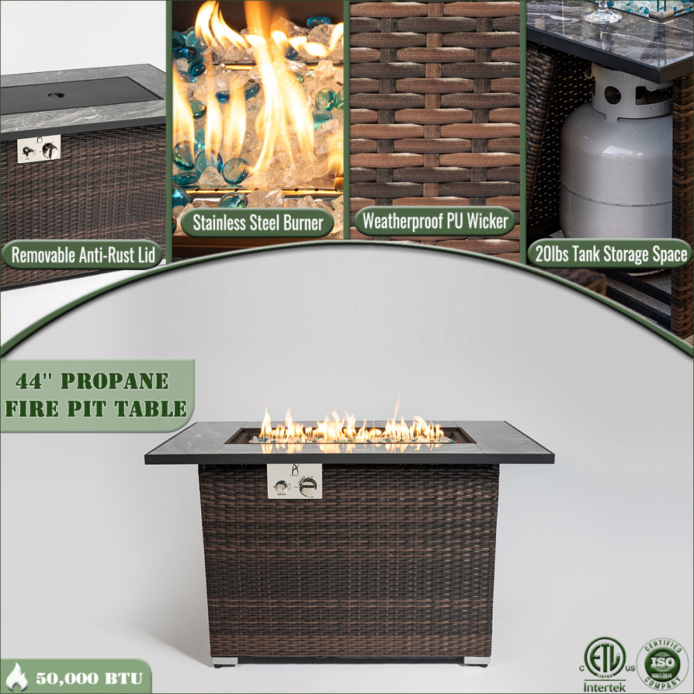 Wicker Fire Table with Marble Top