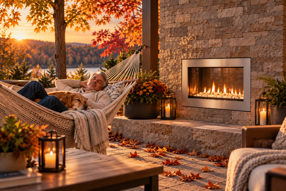 image showing man sleeping on a hammock fall background with the gas fireplace burning behind him
