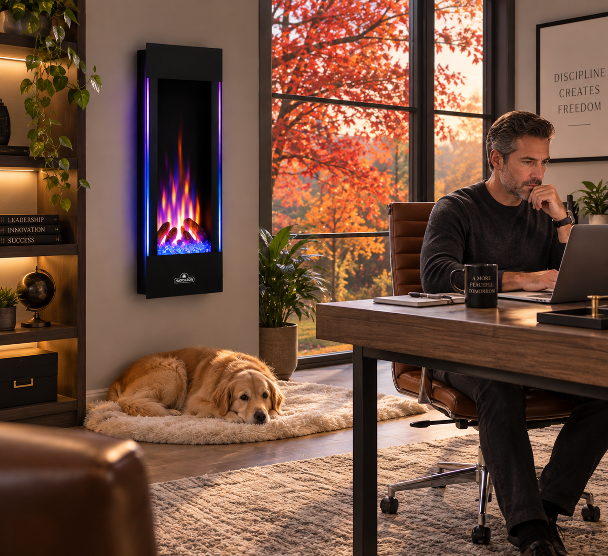 A wall-mounted black electric fireplace with a blue and orange flame effect is shown in a modern home office setting. A man sits at a wooden desk working on a laptop, and a golden retriever dog rests on a fluffy cream rug nearby.