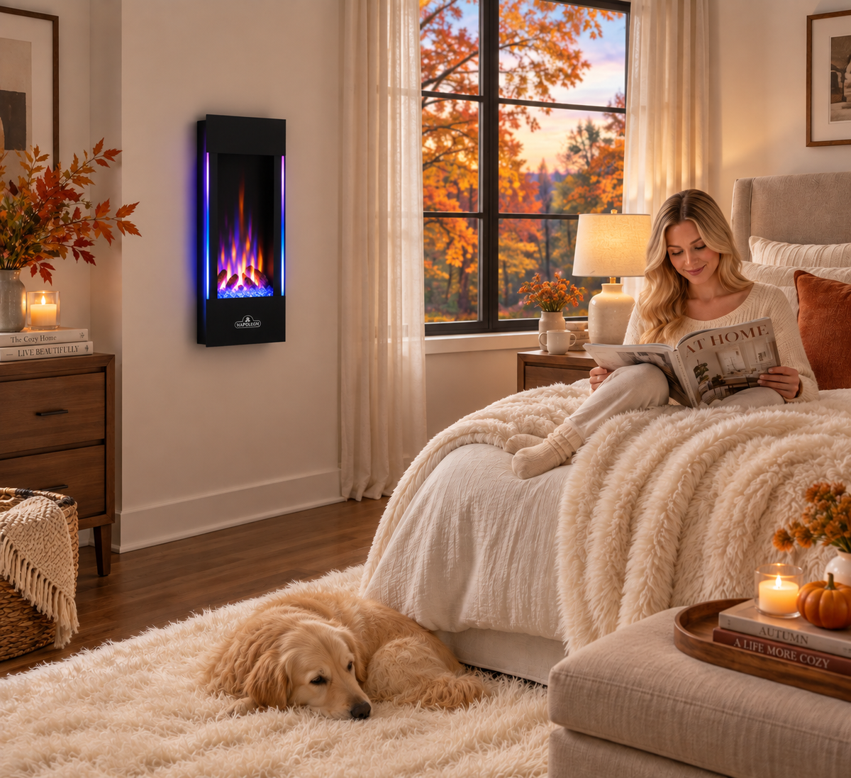 A modern wall-mounted electric fireplace with a black frame and glowing blue-purple flames is installed on a bedroom wall. A woman sits on the bed reading a magazine, and a golden retriever rests on a fluffy cream rug below.