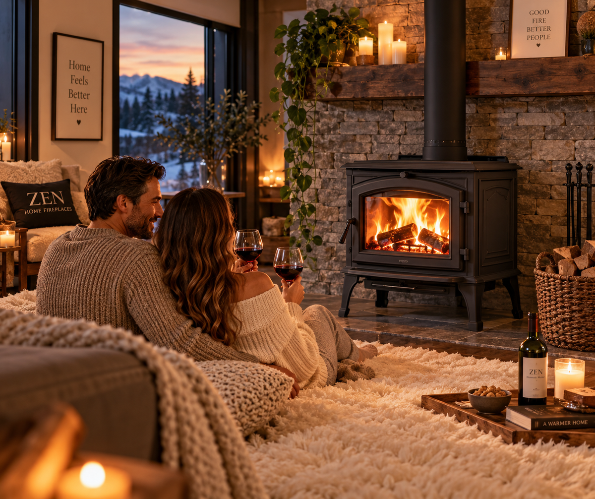 couple in living room with wine and the stove