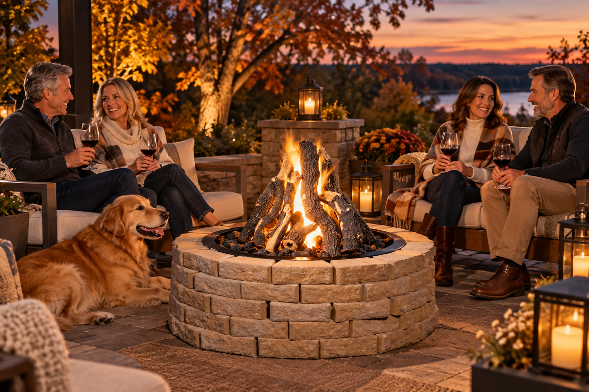 lifestyle image with 2 couples around a fire pit withburning gas flames in a brick round surround. a dog is near the fire and scene is fall season