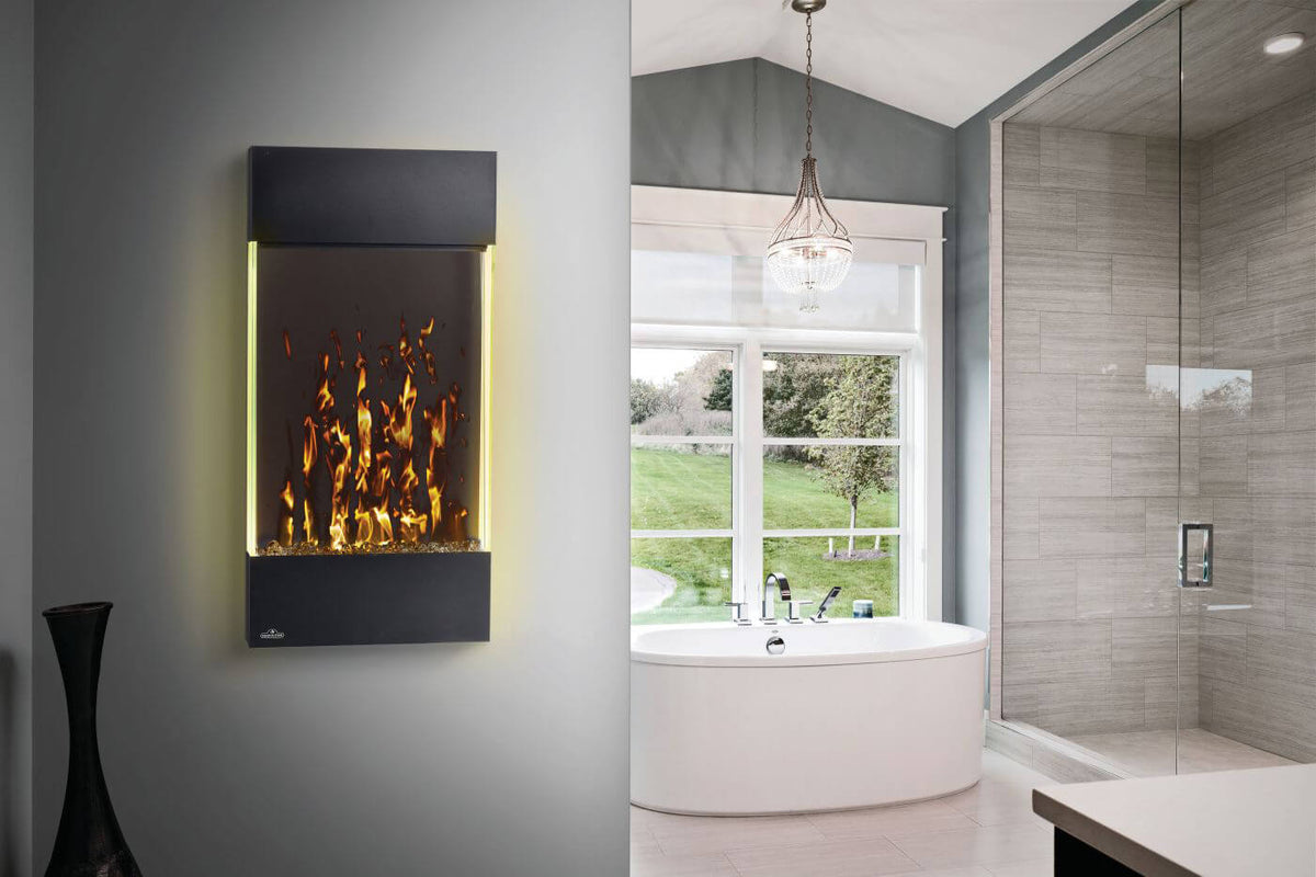 Modern bathroom with a wall-mounted electric fireplace and a bathtub.