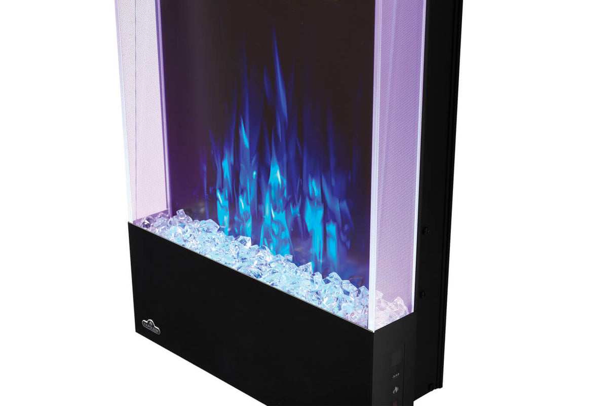 Modern electric fireplace with colorful flames on a white background