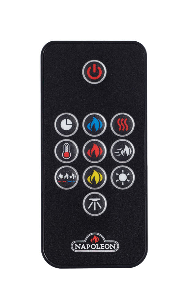 Remote control with various icons and Napoleon logo on a white background