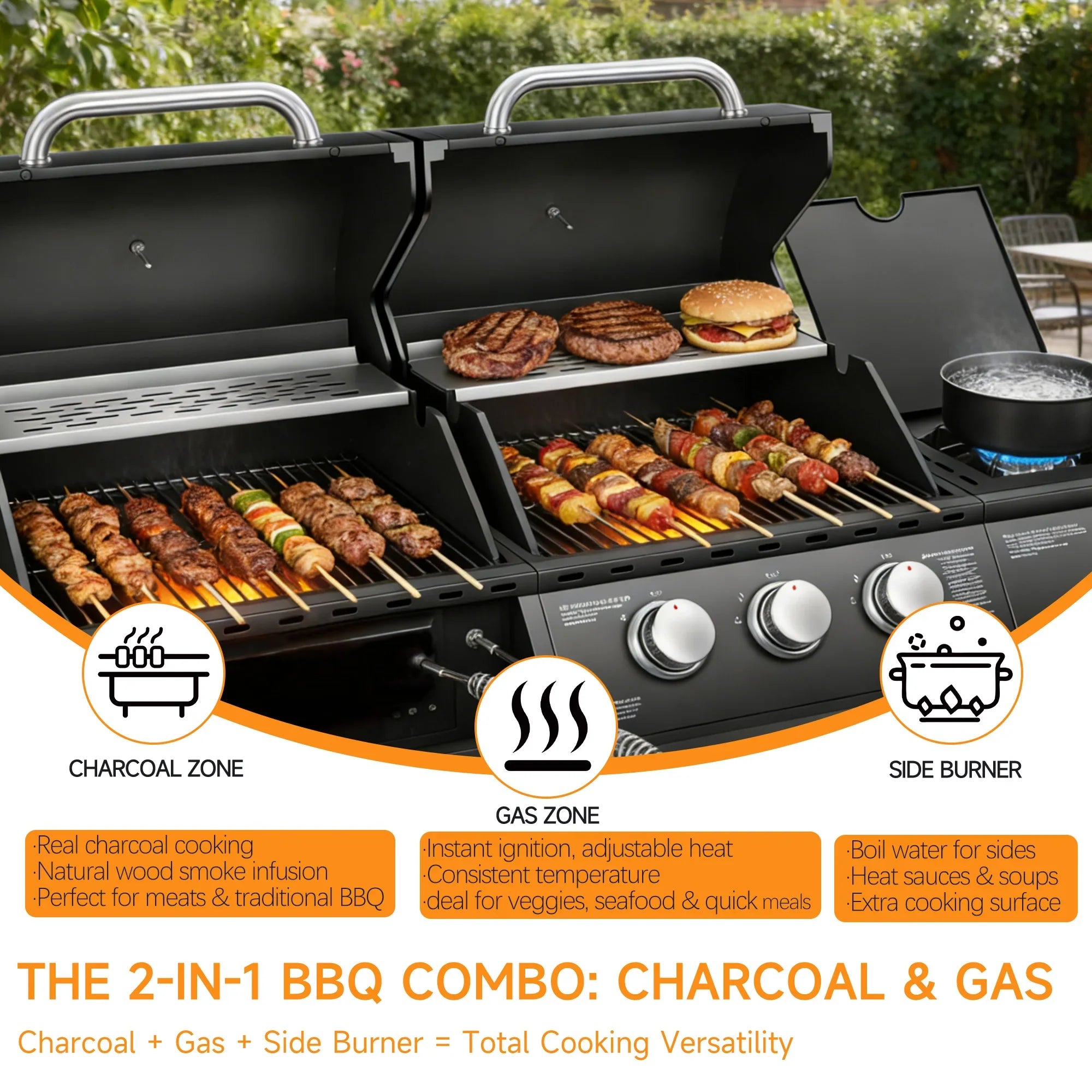 Dual Fuel Gas And Charcoal Grill With Side Burner