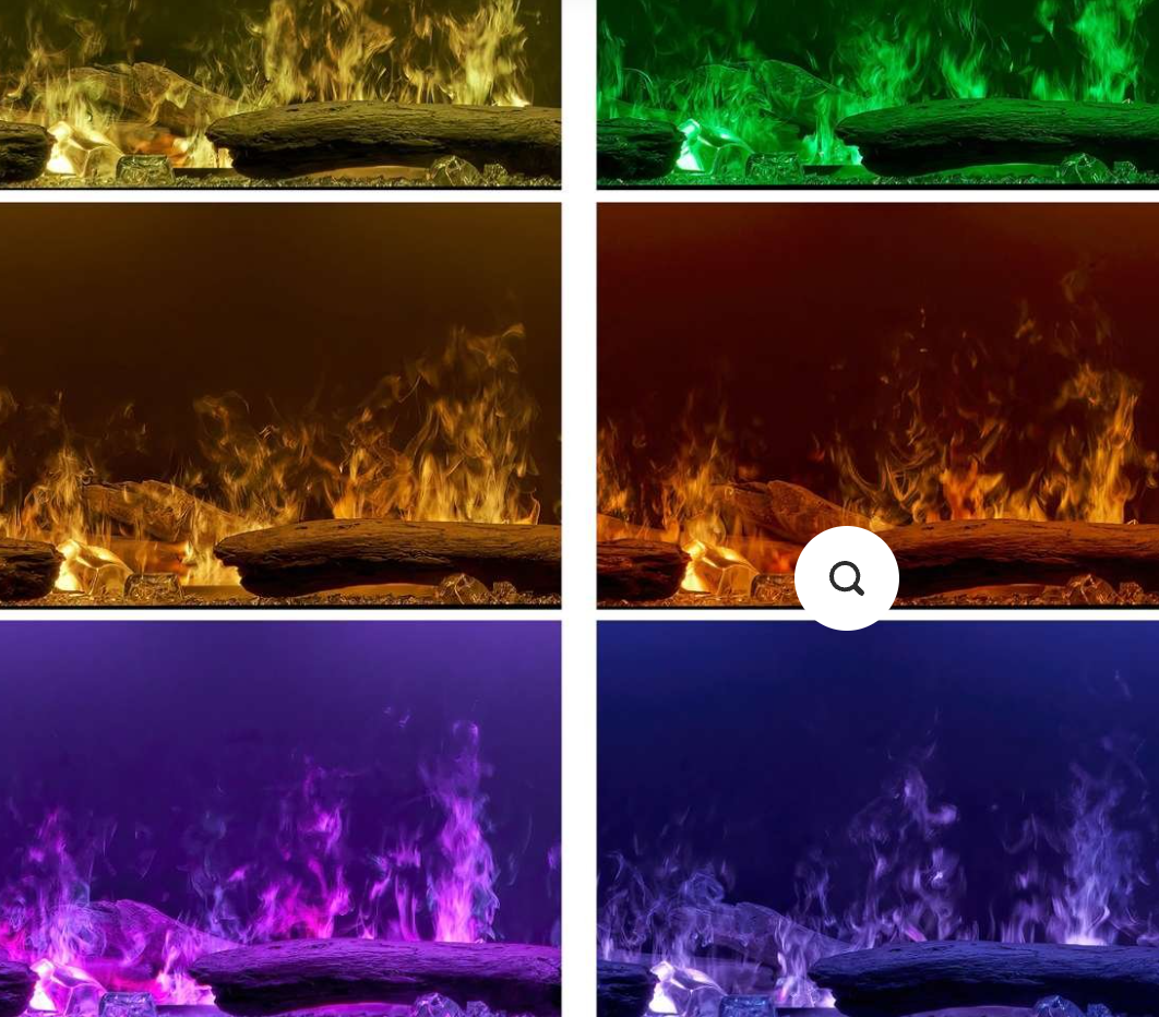 Six-panel collage showing a flame effect over logs in different color modes: yellow/orange, green, brown/orange, orange-red, purple, and blue-purple. A white magnifying glass icon appears over one panel.