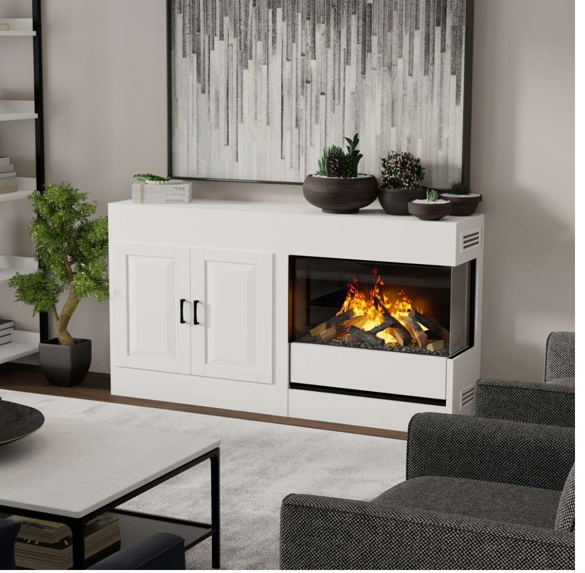 A modern white electric fireplace media console with cabinet doors on the left and a glass-front firebox showing a flame effect, styled in a living room setting with a coffee table, chairs, and a large abstract wall art piece.