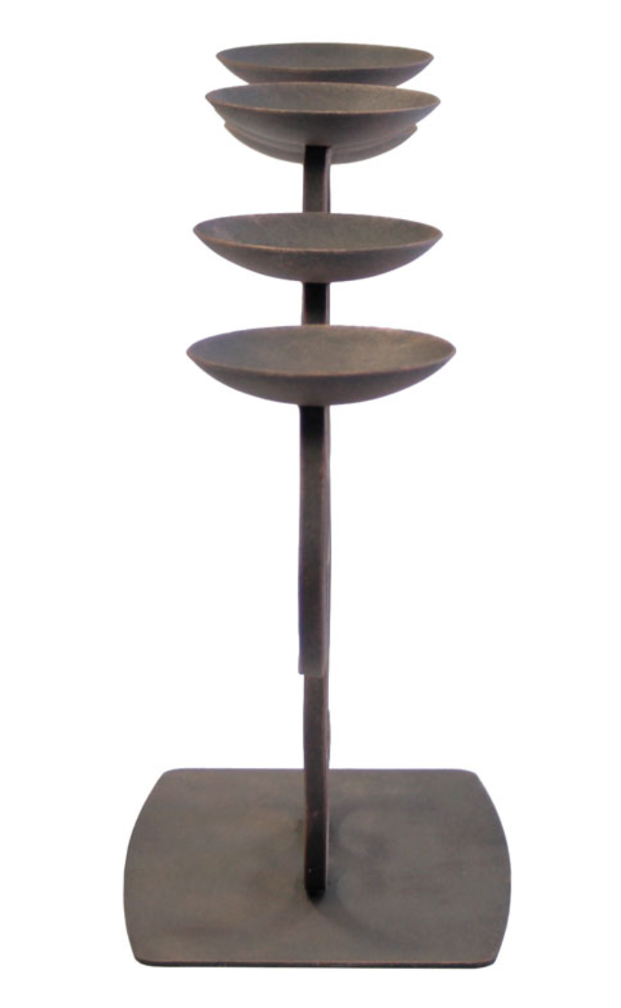 A dark metal multi-tier candle holder with four tiers and a square base, shown against a plain white background.