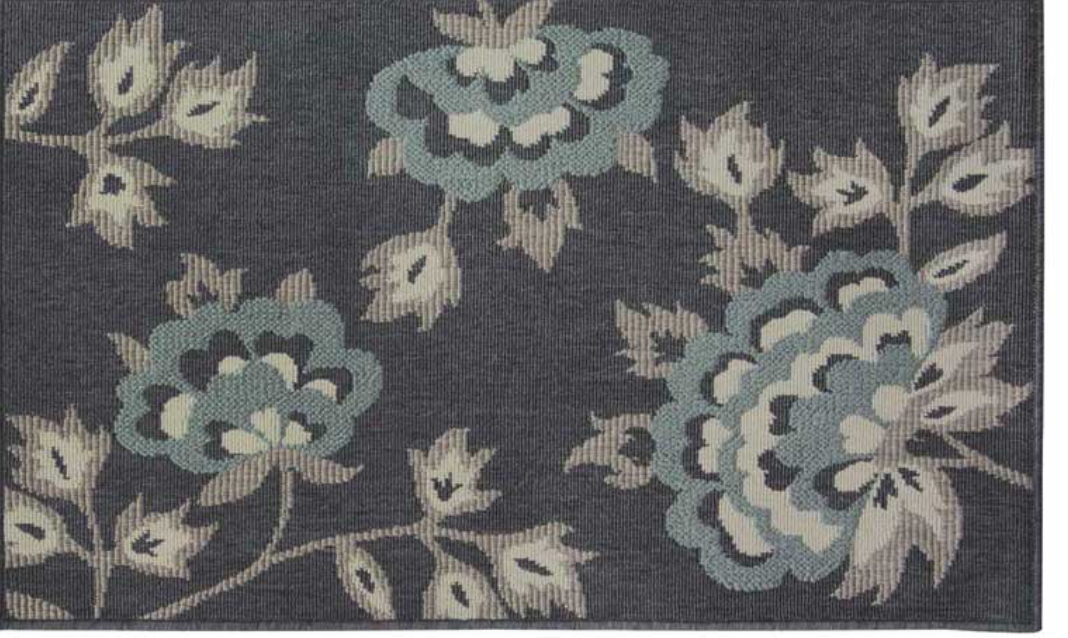 A close-up of a woven textile or rug featuring a floral pattern in muted blue-green, cream, and dark charcoal gray.