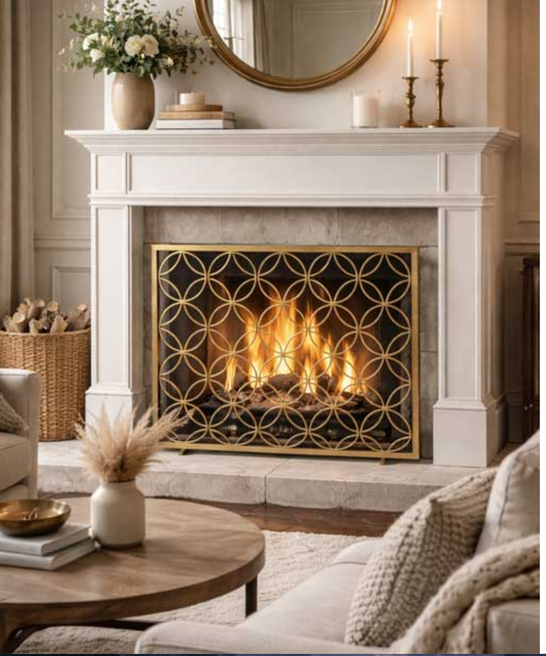 Gold fireplace screen in living room fireplace