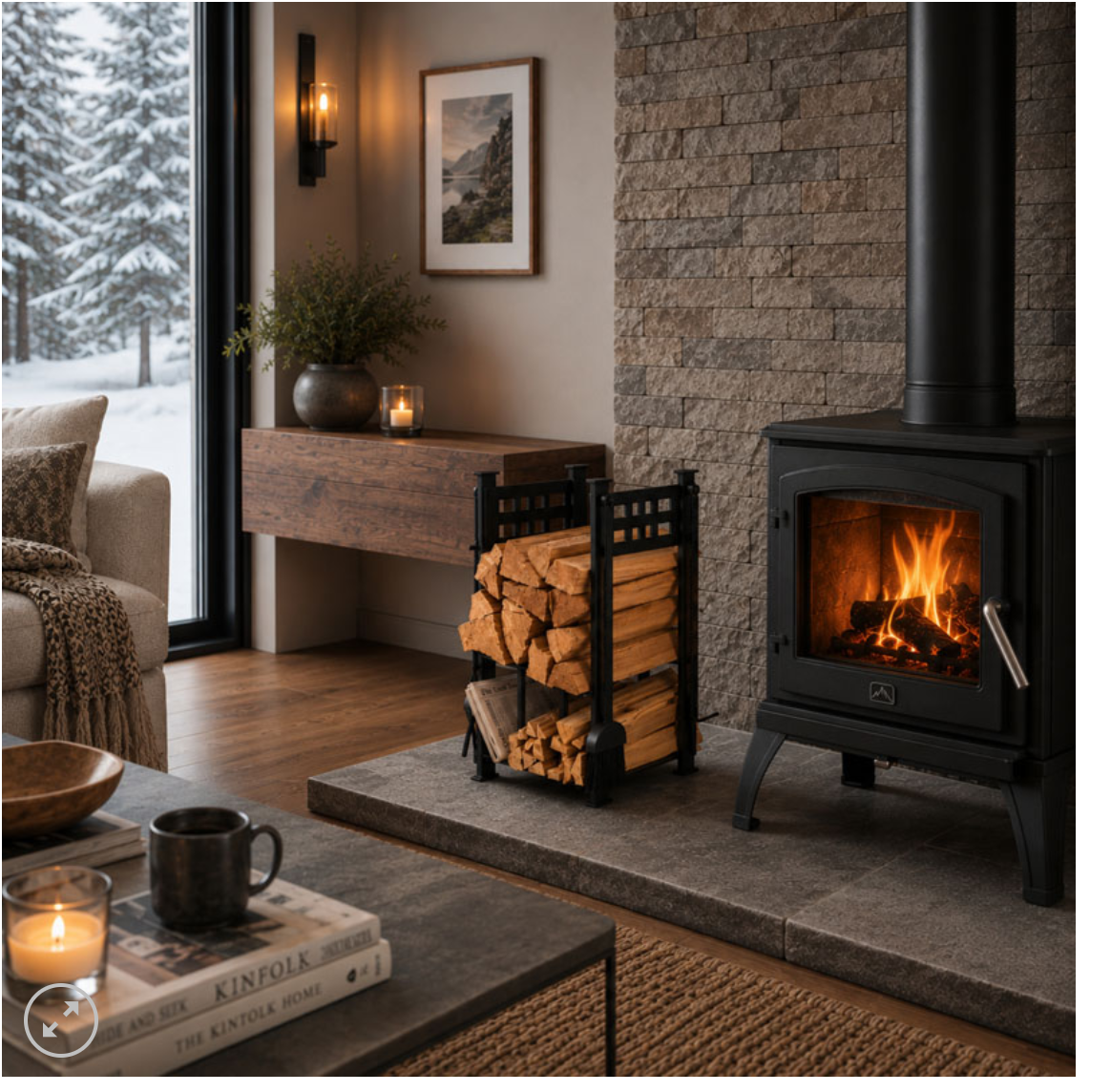 A black wood-burning stove with an open fire sits on a stone hearth in a cozy living room. A firewood rack filled with logs stands beside it, with a stone wall, window view of snow, and home decor in the background.
