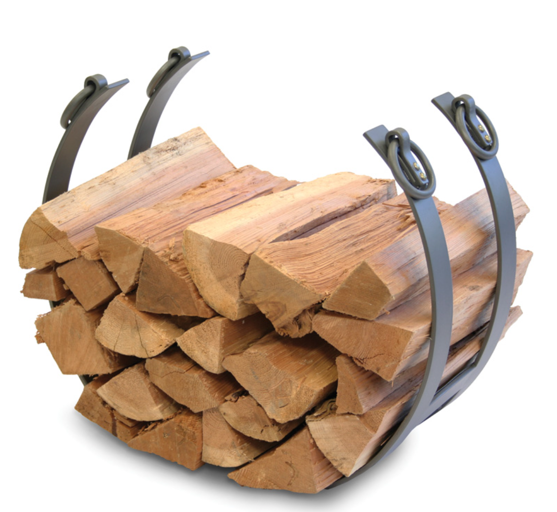 A dark gray metal firewood rack holding a stacked pile of natural wood logs, shown on a clean white background.