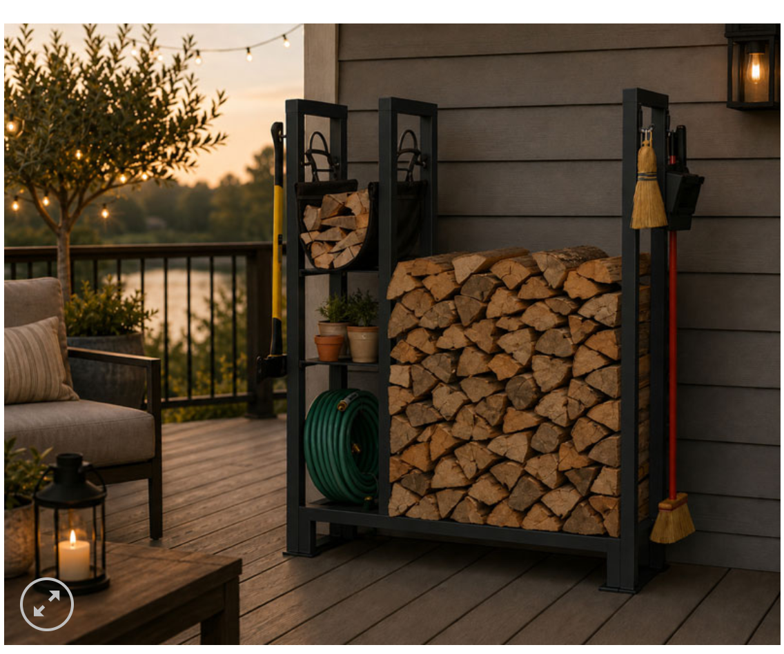 Outdoor Wood Rack filled with wood logs and other tools