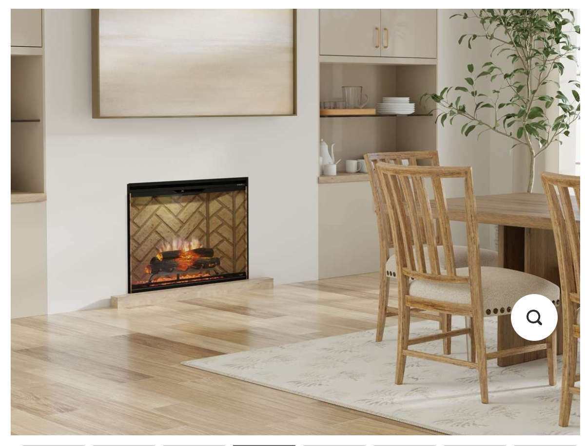 built in fireplace in dining room against a white wall