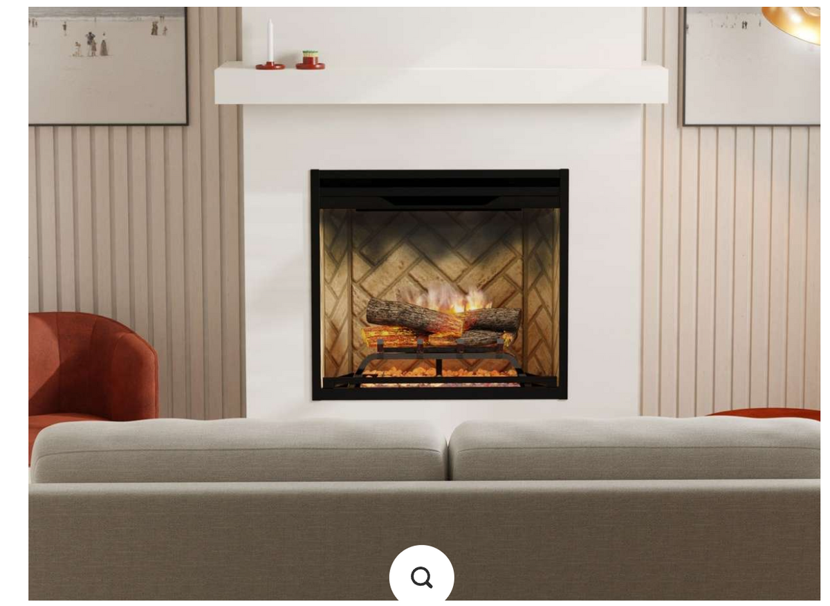 herringbone fireplace in living room with burning electric flame