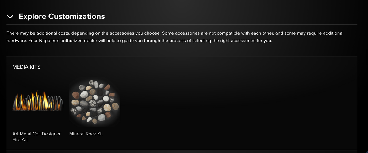 A dark customization interface showing the 'Explore Customizations' section for Napoleon Art Metal Coil Designer, with text about additional costs and accessory compatibility, plus a small preview of a fire art design and a mineral rock kit.