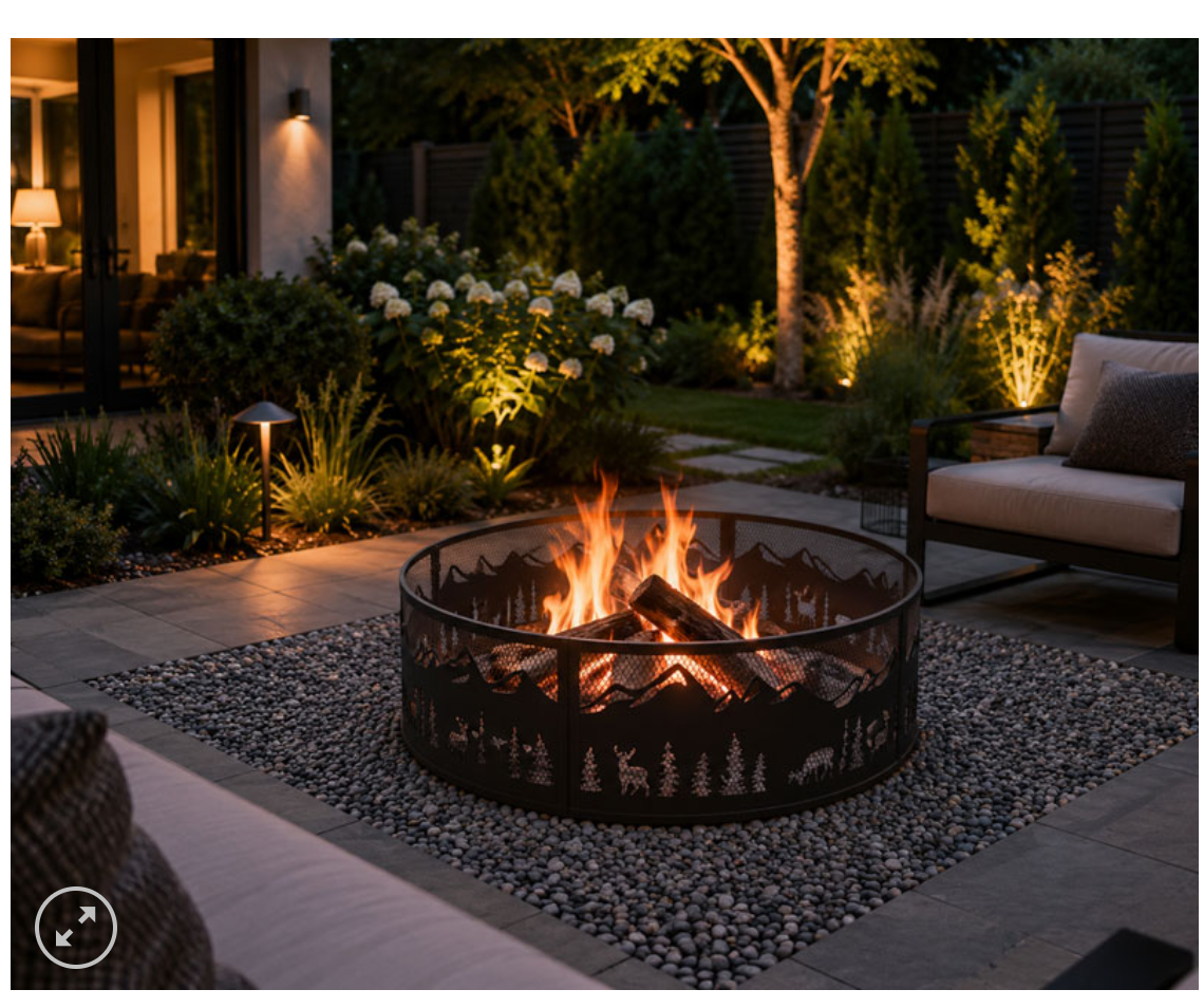 Nature fire ring outdoors with burning logs outside at night