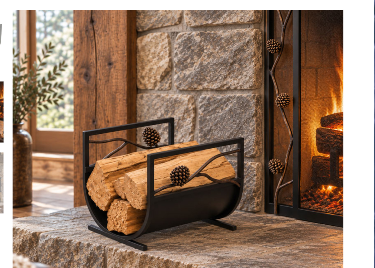 close up of ine cone log holder in front of stone fireplace
