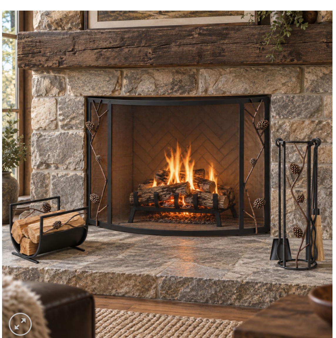 fireplace showing pine cone wood holder and also pine cone tool set and pine cone fireplace sreen in front of the ston and wood mantel fireplace