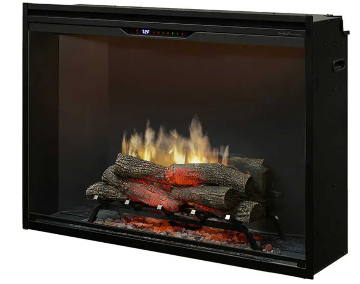 Black electric fireplace insert with faux logs and glowing embers, shown on a plain white background.