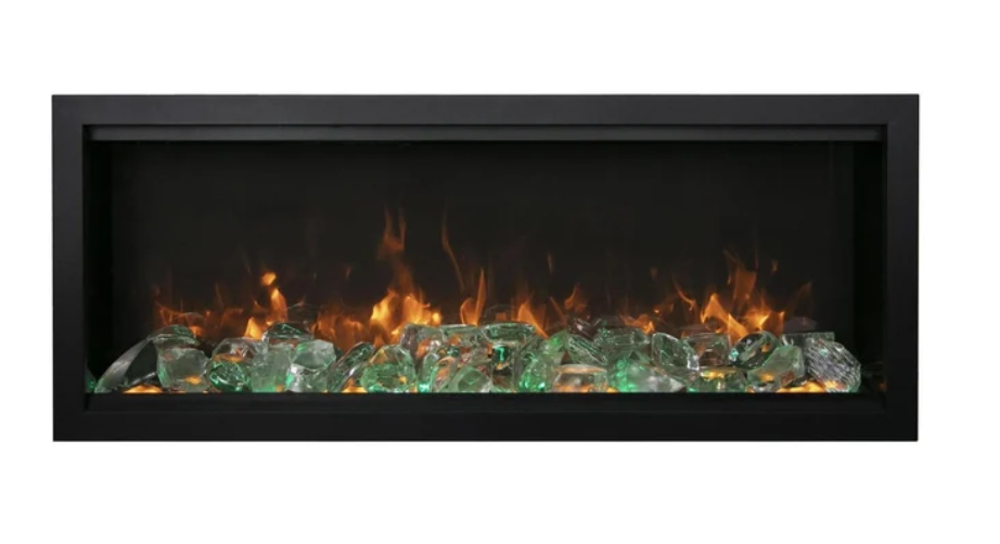 electric fireplace shown with clear optional stones on white background