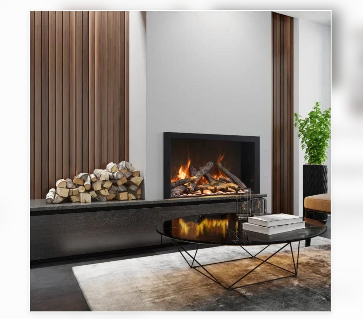 Built in electric fireplace on a white background