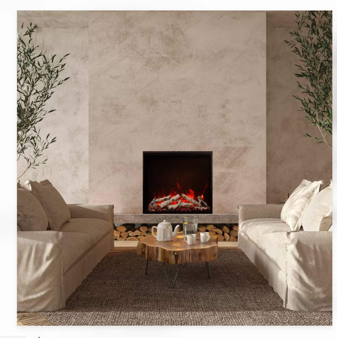 Contmporary fireplace built into a stone look wall in a seating area with. 2 sofas