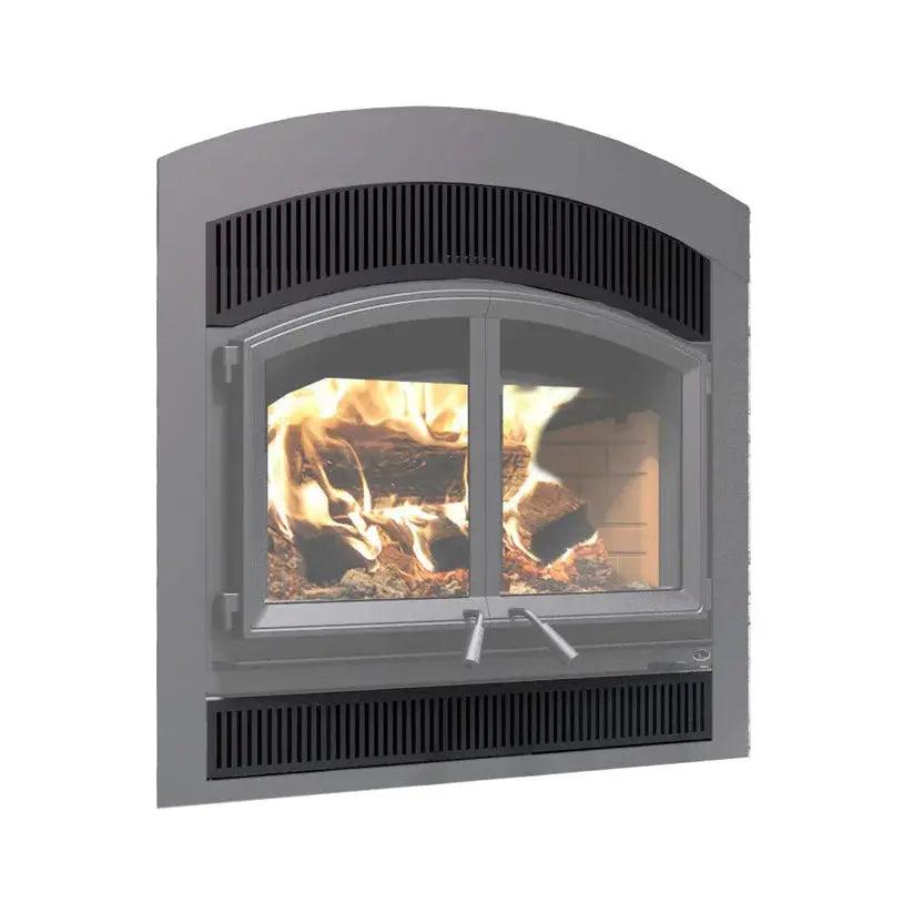 Gray fireplace insert with visible flames on a white background