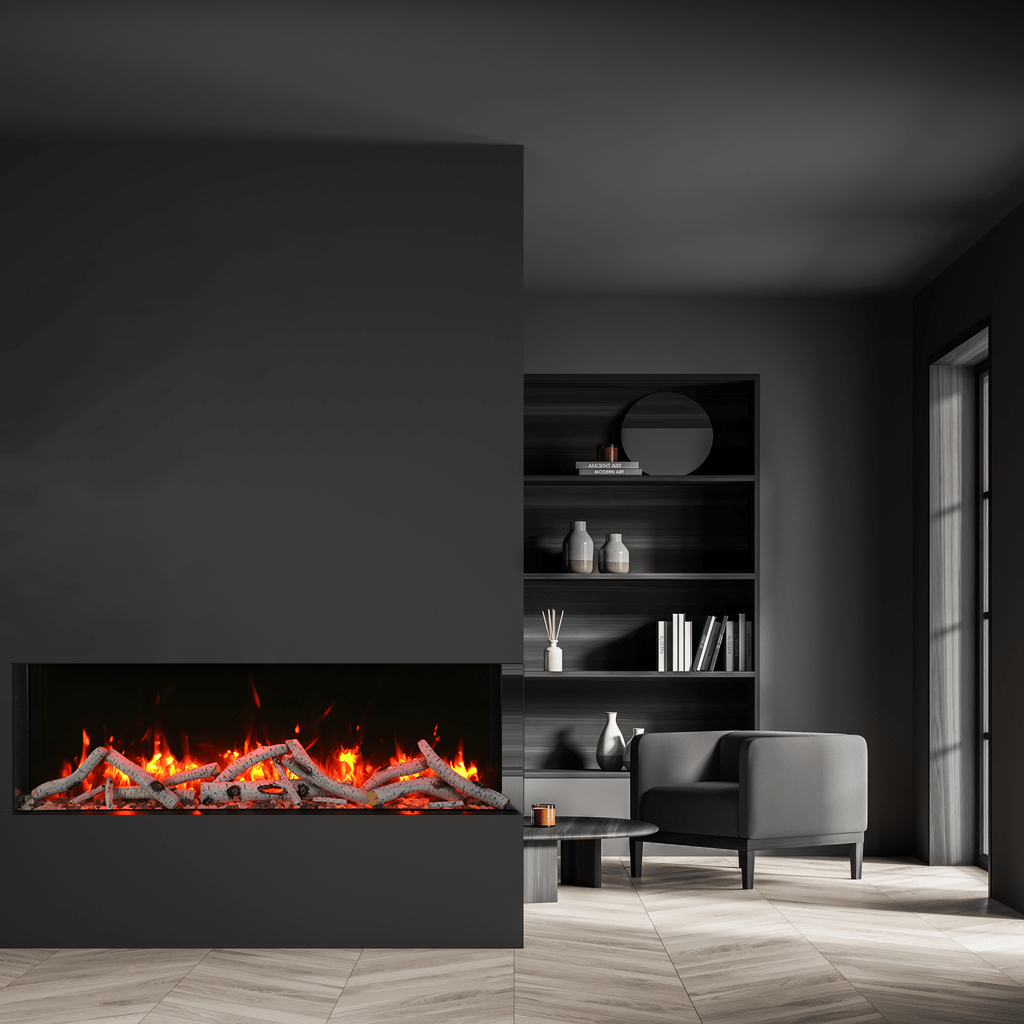 Built in fireplace in an office with dark grey background and bookshelves and chair
