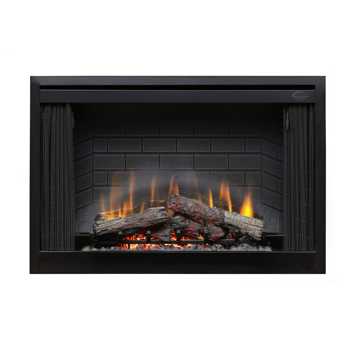 Electric fireplace insert with glowing logs and flames on a white background