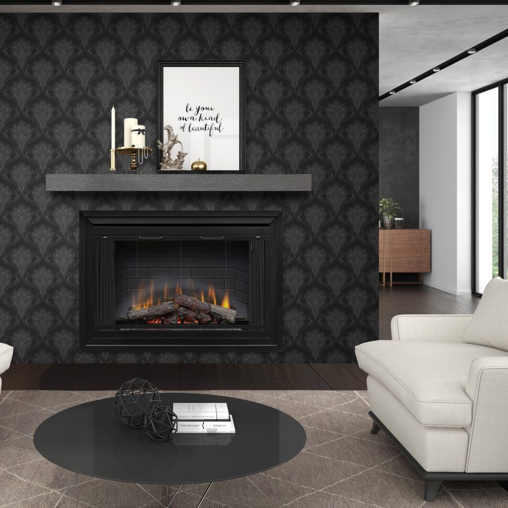Modern living room with a fireplace, white sofa, and decorative elements.