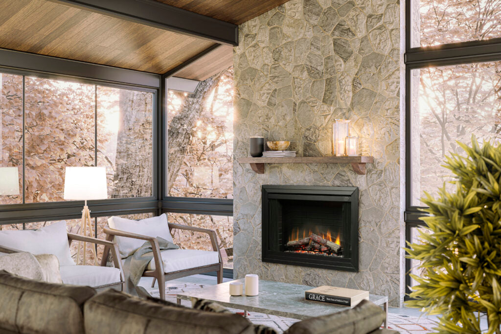 A modern electric fireplace insert set into a stone wall on a screened porch with large windows, wooden ceiling beams, outdoor views, and cozy seating in the foreground.