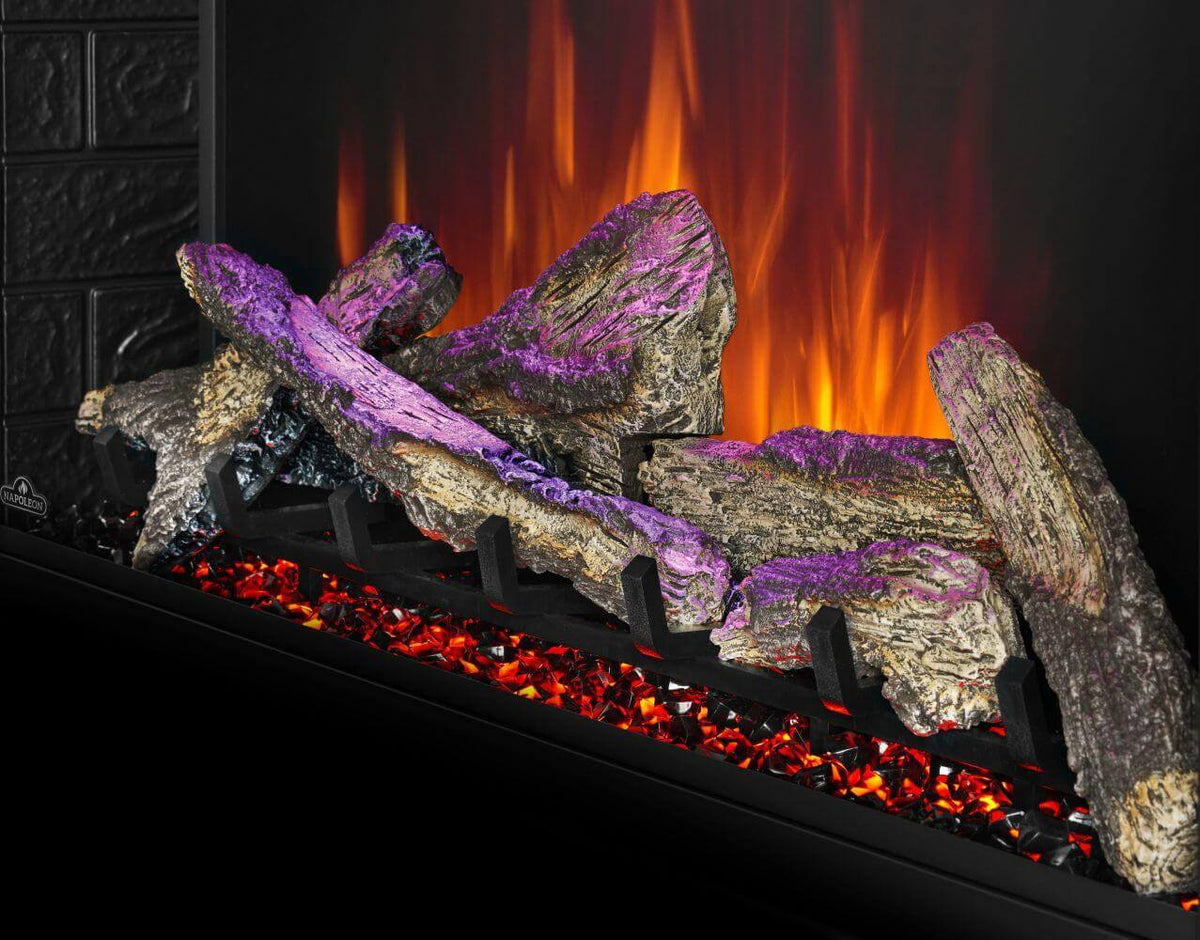 Element 36" with flame and logs also showing purple color on logs and the ember beds