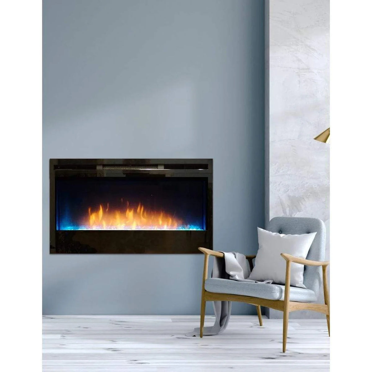 fireplace with grey background showing a chair beside the built in fireplace