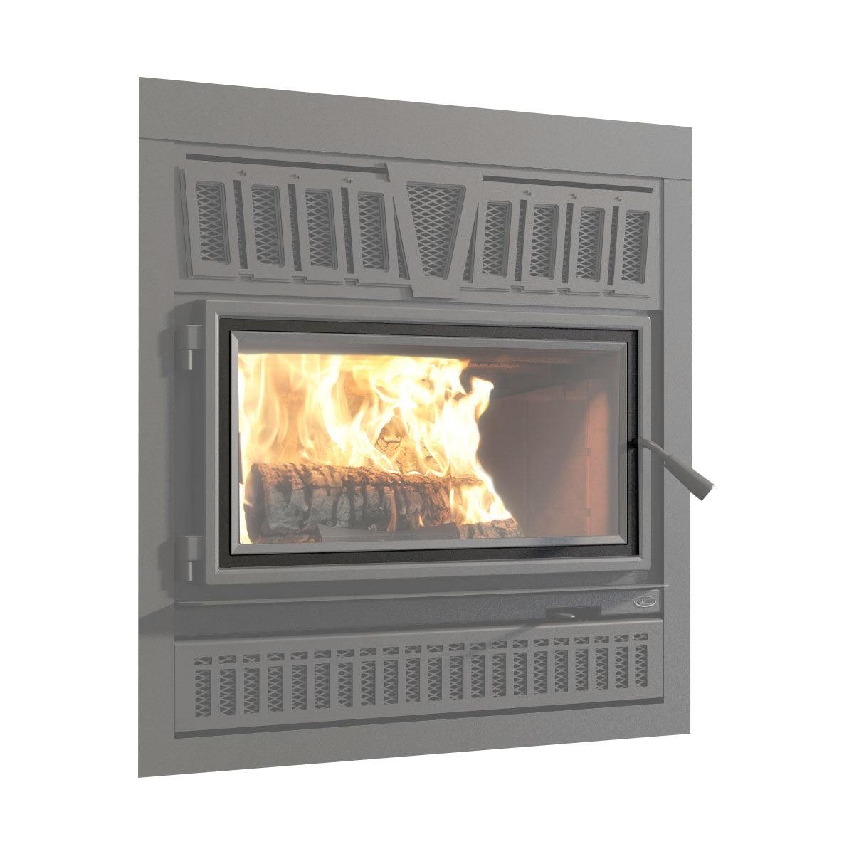 A modern wall-mounted wood-burning fireplace with a gray metal frame, glass door showing a bright fire, and decorative vent grates above and below, isolated on a white background.