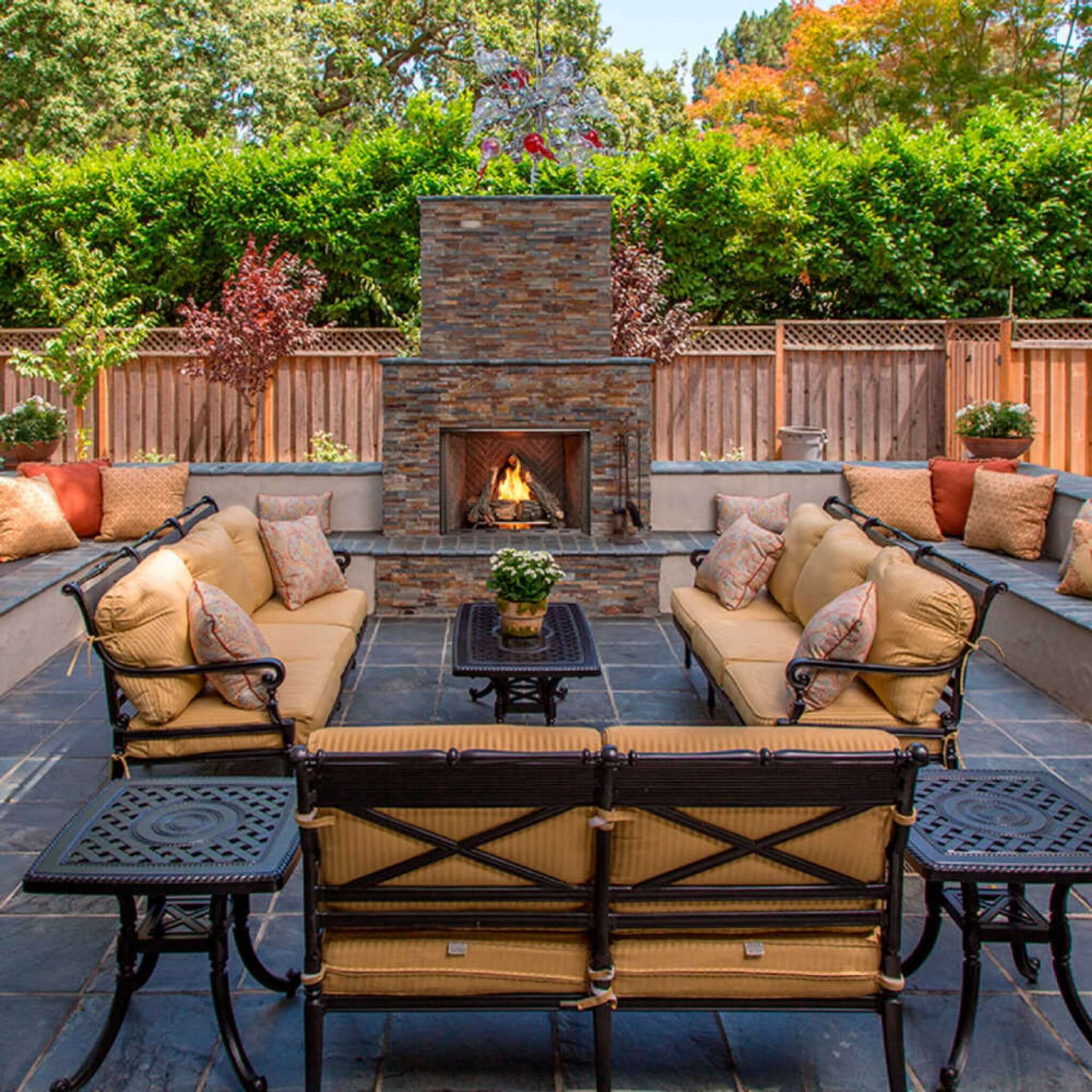 Luxury Traditional Stacked Brick Courtyard Outdoor Fireplace