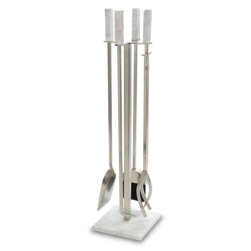 A polished silver-tone metal fireplace tool set with white marble handles and a matching marble base, shown on a plain white background.