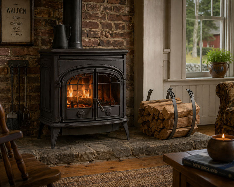 Rack with firewood next to a woodburning fire stove