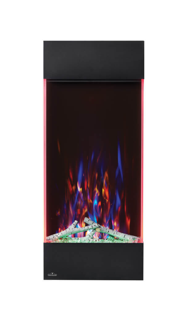 Electric fireplace with colorful flames on a white background
