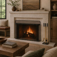 A gas fireplace with a black metal screen and a warm fire burning inside, set in a stone mantel within a cozy living room.