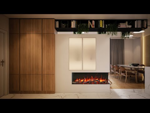 Video of the electric fireplace 3 sided built in the wall. Features in dining room