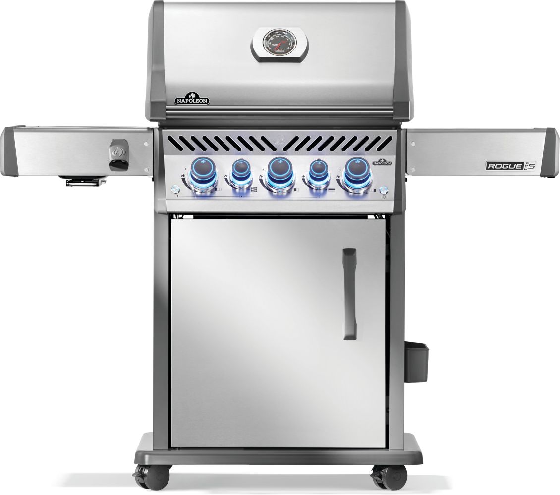 Stainless steel outdoor grill with four burners on a white background