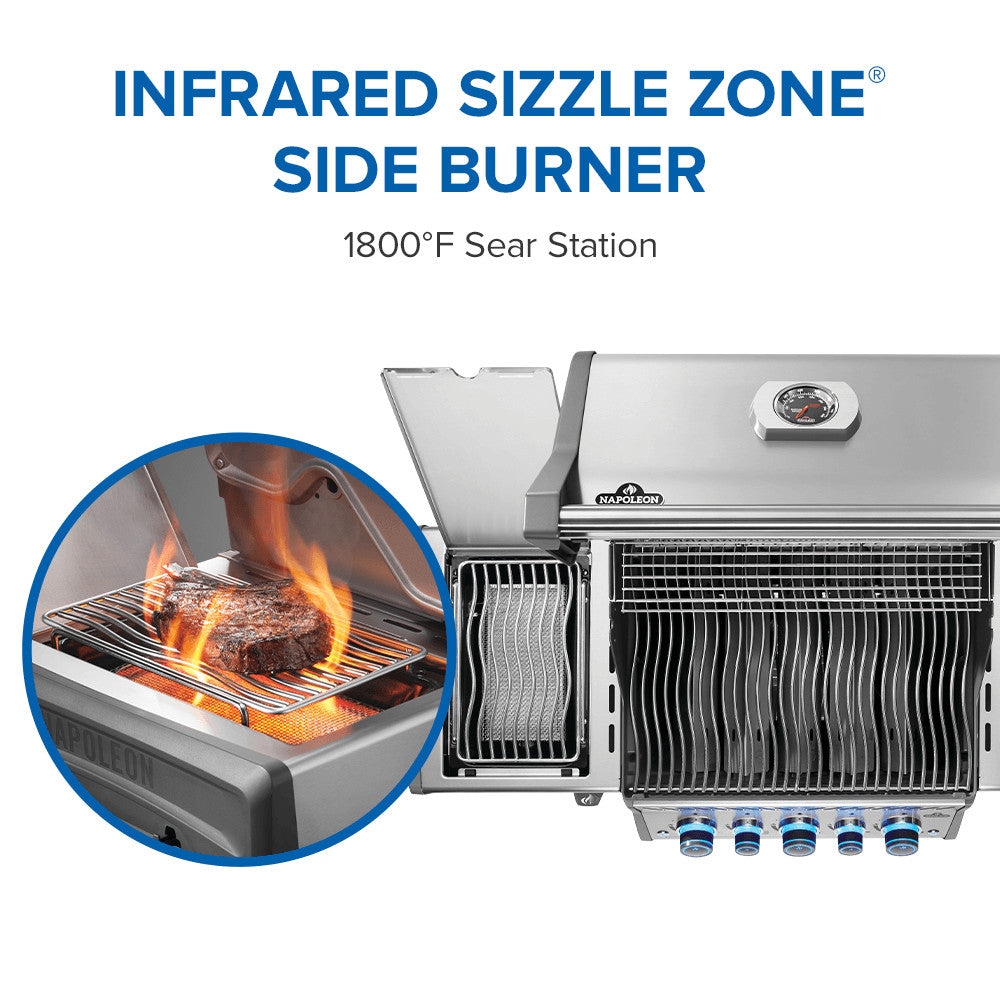 Stainless steel grill with infrared sizzle zone side burner and close-up of flame searing meat.