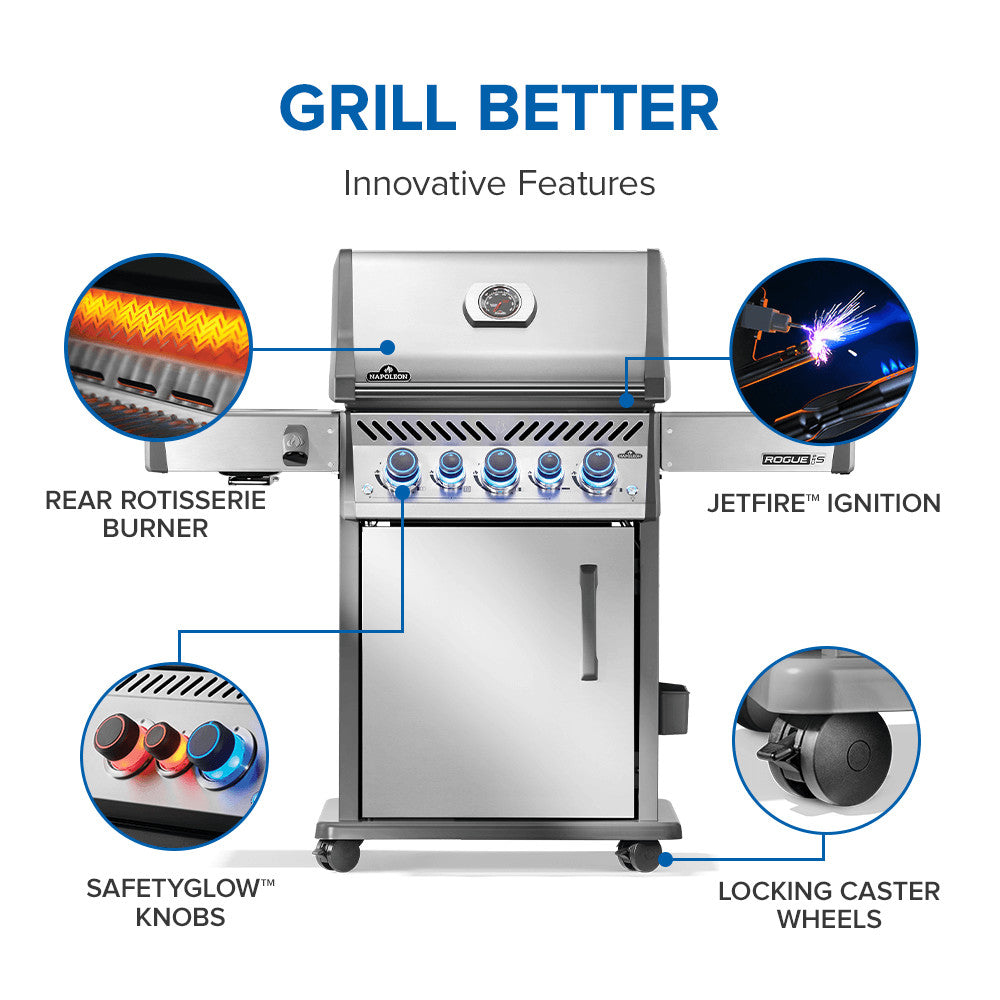 Stainless steel grill with labeled features on a white background