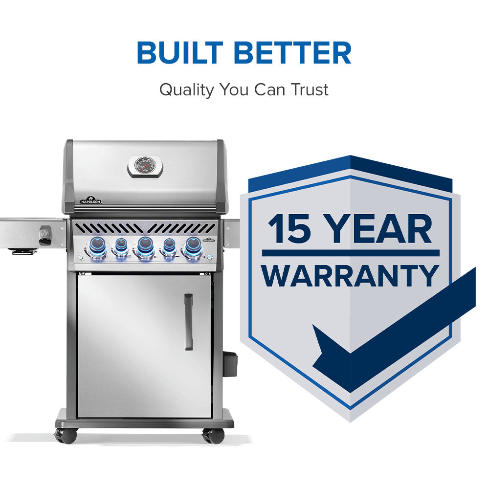 Stainless steel grill with a 15-year warranty badge on a white background