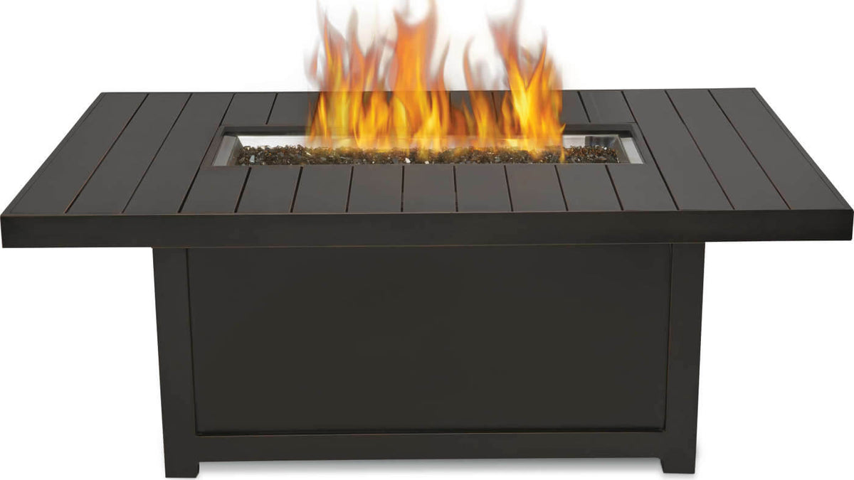 Black fire pit table with flames on a white background